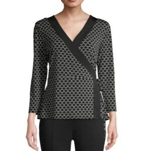 C Wonder Womens Size XL Printed 3/4 Sleeve Self Tie Wrap Blouse in Black 1494